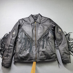 Diamond Plate Women's Large Black Leather Motorcycle Jacket Fringe Biker Vintage